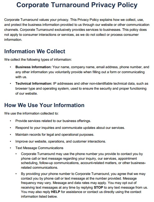 Corporate Turnaround Privacy Policy