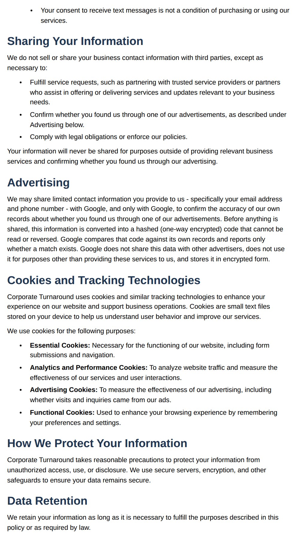 Corporate Turnaround Privacy Policy, continued