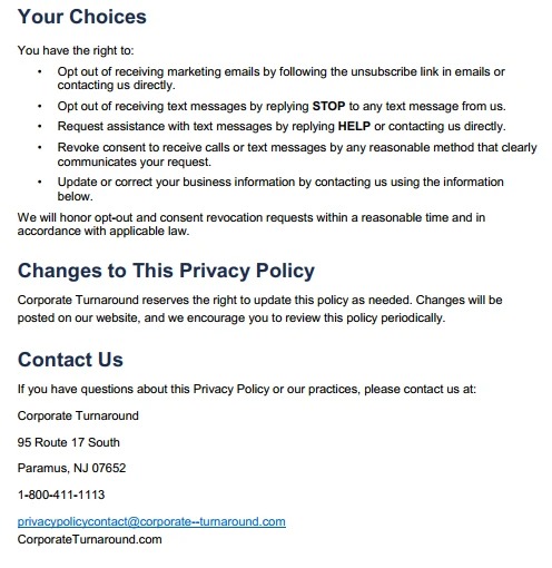 Corporate Turnaround Privacy Policy, continued